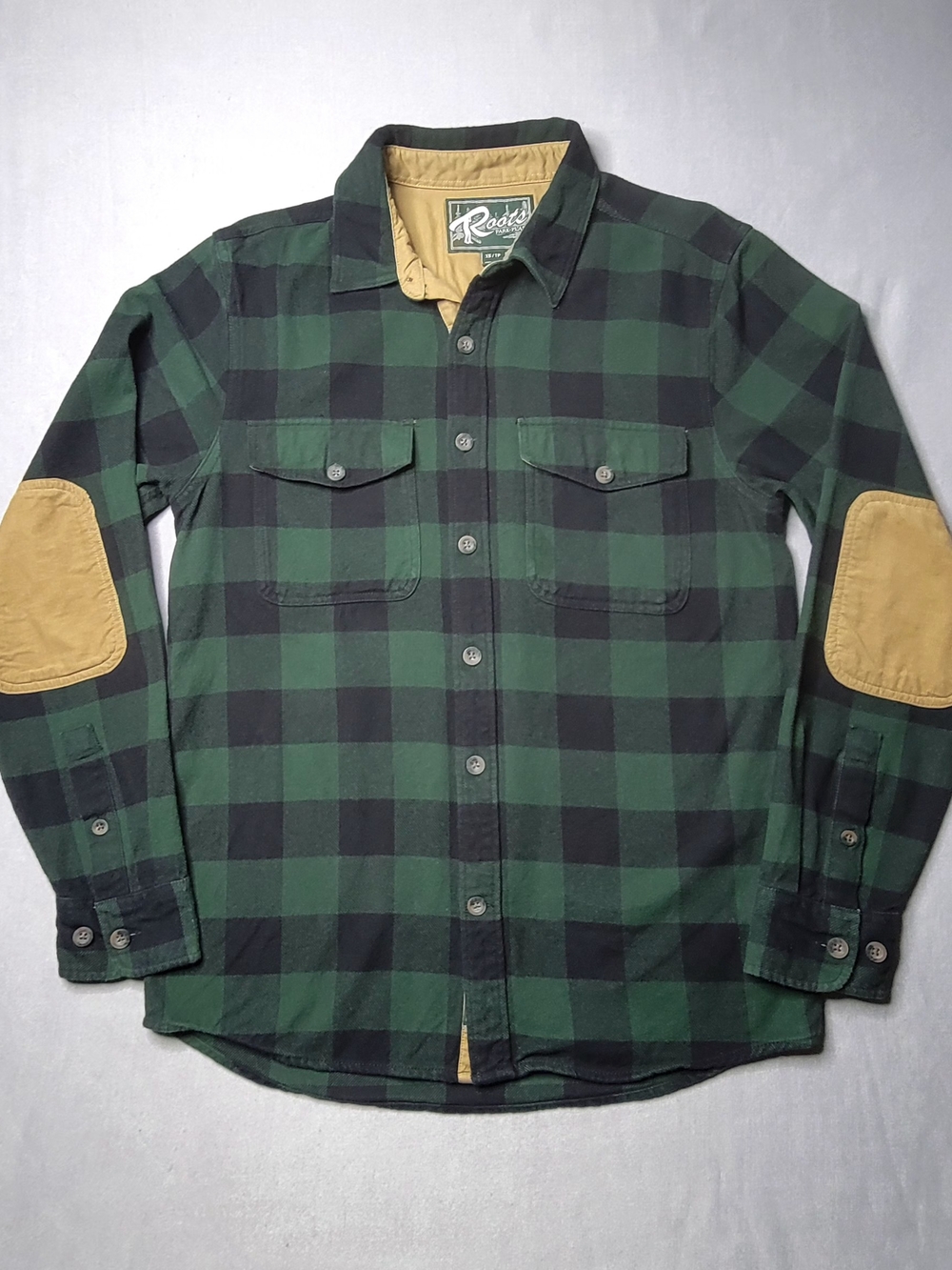 Roots Canada Mens Flannel Shirt Plaid Button-Down Elbow Patches Green &black XS